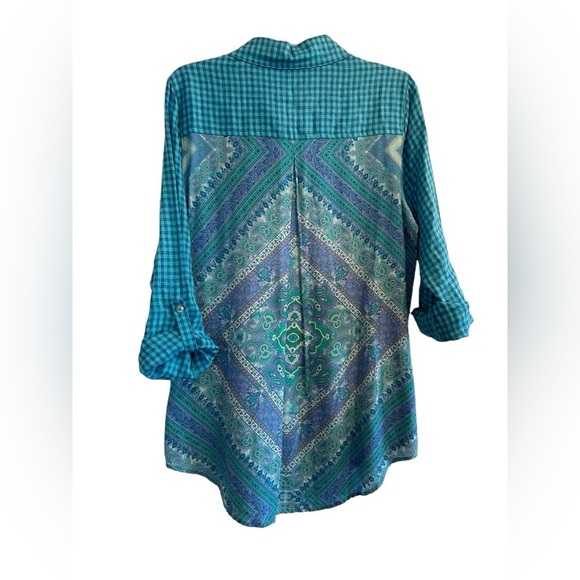 Multiples Paisley & Blue Linen Checkered Button Down Casual Blouse Womens Medium - Picture 3 of 17